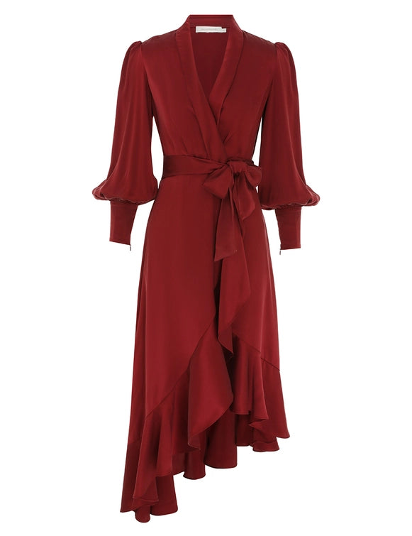 Silk Wrap Midi Dress (Burgundy ) – Coco Wellington