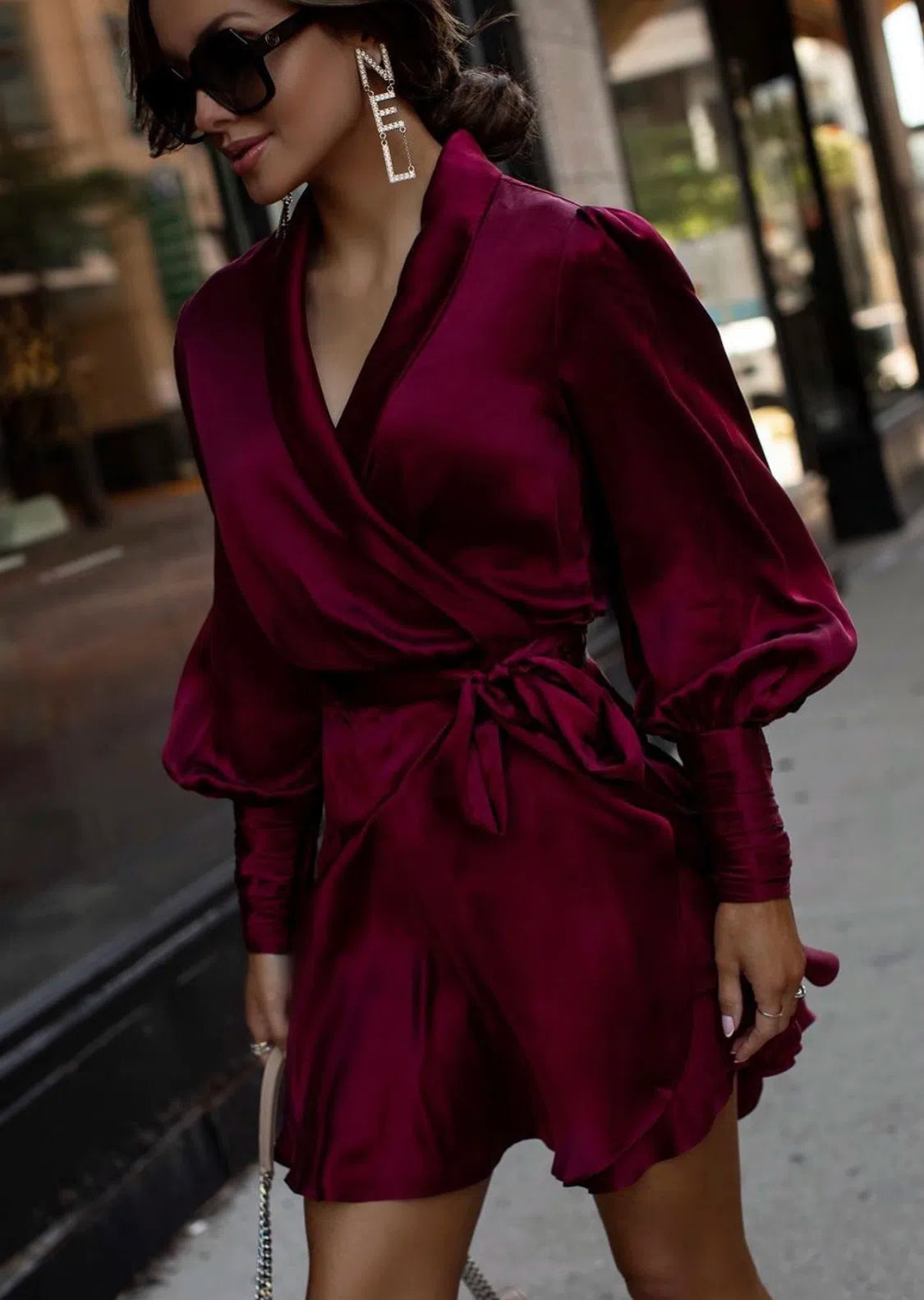 Silk Wrap Mini Dress ( Burgundy)