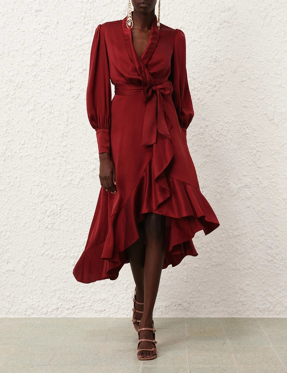 Silk Wrap Midi Dress (Burgundy ) – Coco Wellington