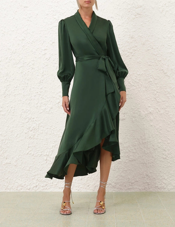 Silk Wrap Midi Dress (Forest Green) – Coco Wellington