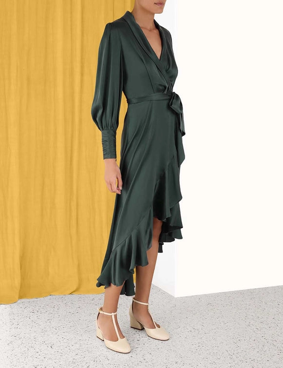Silk Wrap Midi Dress (Dark Green)