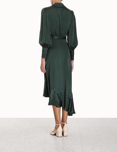 Silk Wrap Midi Dress (Dark Green)