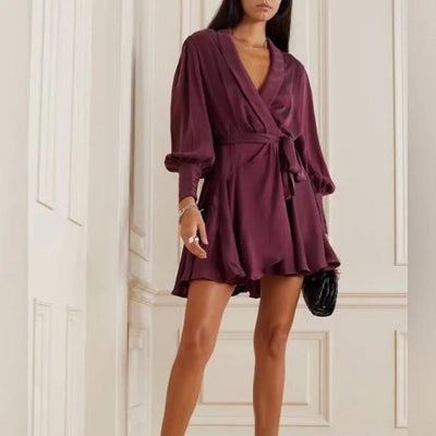 Silk Wrap Mini Dress ( Burgundy)