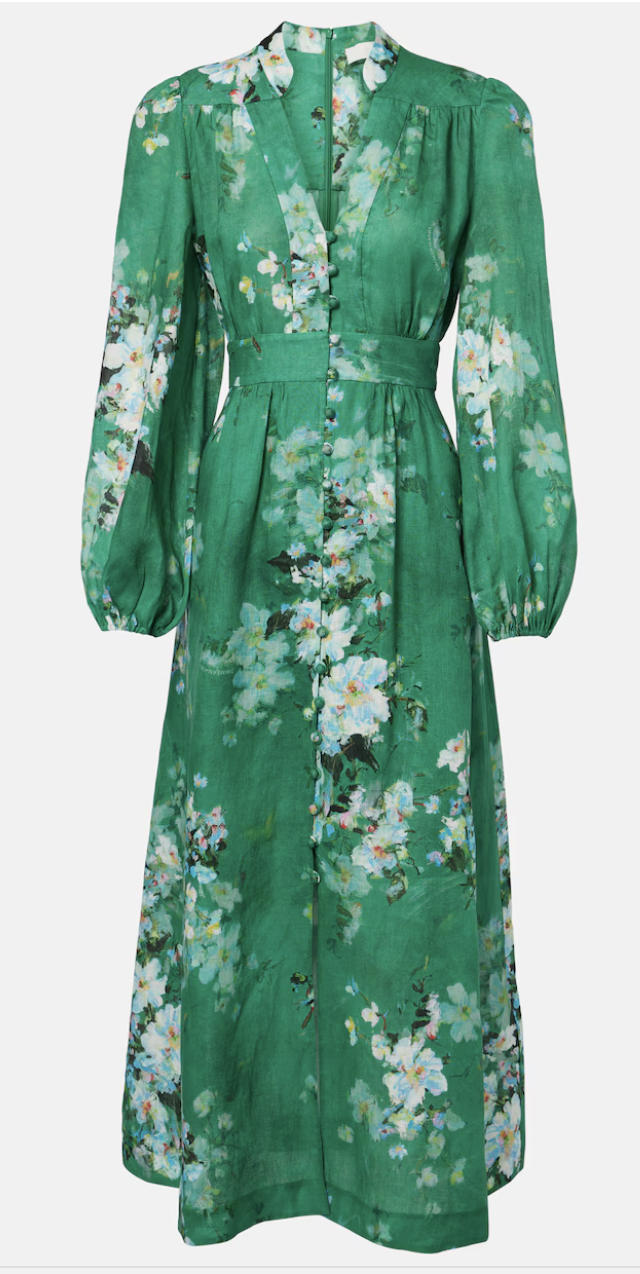 Everley Plunge Midi Dress (Green Watercolour)