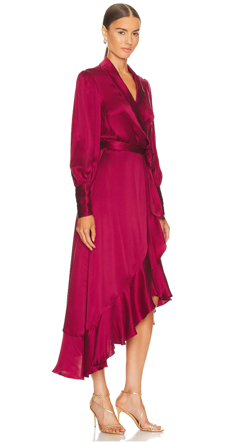 Silk Wrap Midi Dress (Berry)