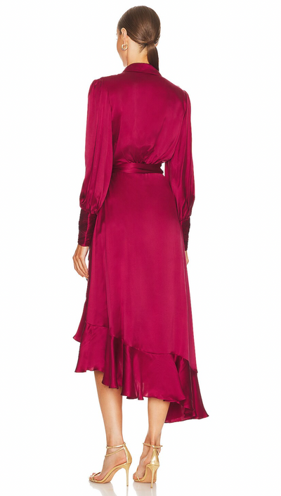 Silk Wrap Midi Dress (Berry)