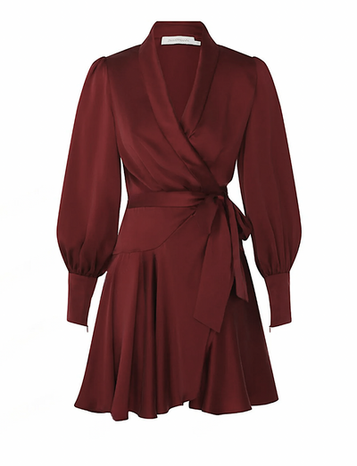 Silk Wrap Mini Dress ( Burgundy)