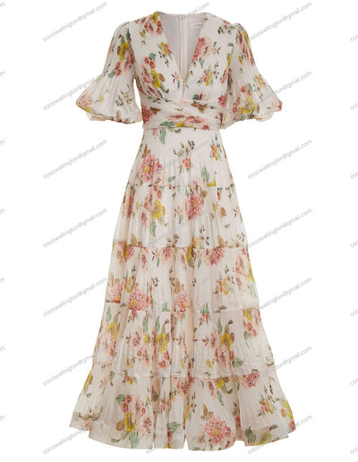 Pleated Midi Dress (Coral Floral)